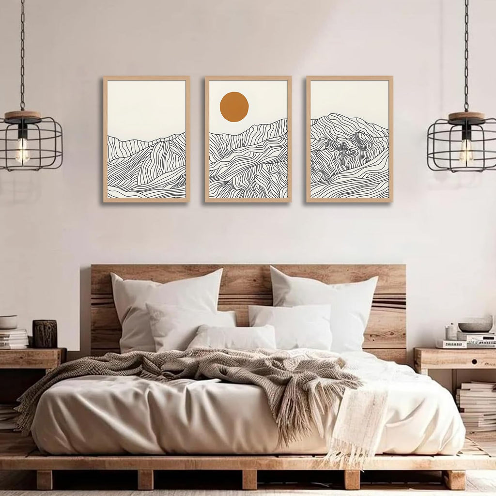 Abstract Wave Line Mountain Framed Canvas Wall Art, Boho Sun Wall Decor