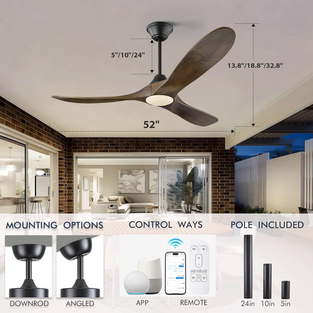 52 Inch Smart Ceiling Fan with Lights, Outdoor Ceiling Fans for Patios Damp Rated