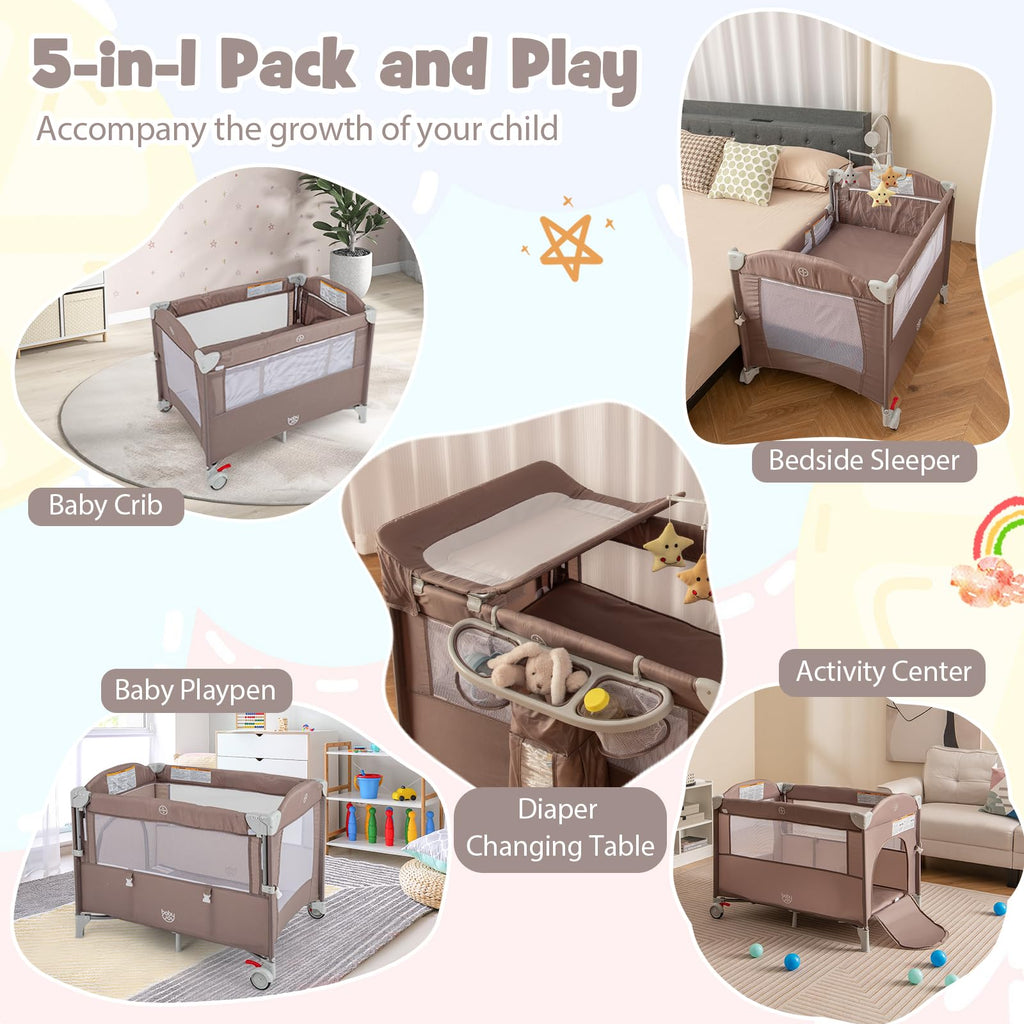 JOY 5-in-1 Play Yard, Portable Baby Bedside Sleeper with Bassinet, U-Shaped Diaper Changer, Safety Strap, Side