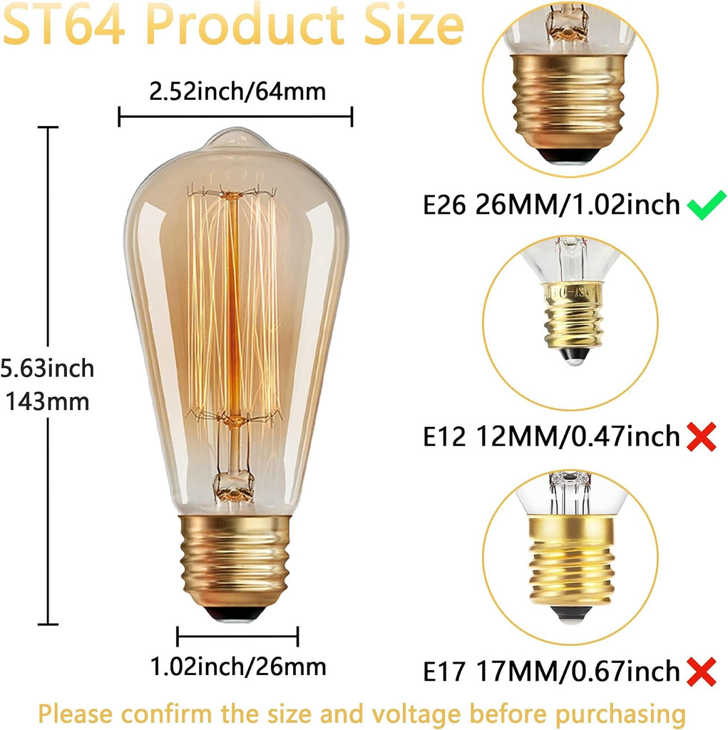 ST64 Incandescent Light Bulbs 40W E26 Dimmable Edison Bulbs 2 Pack