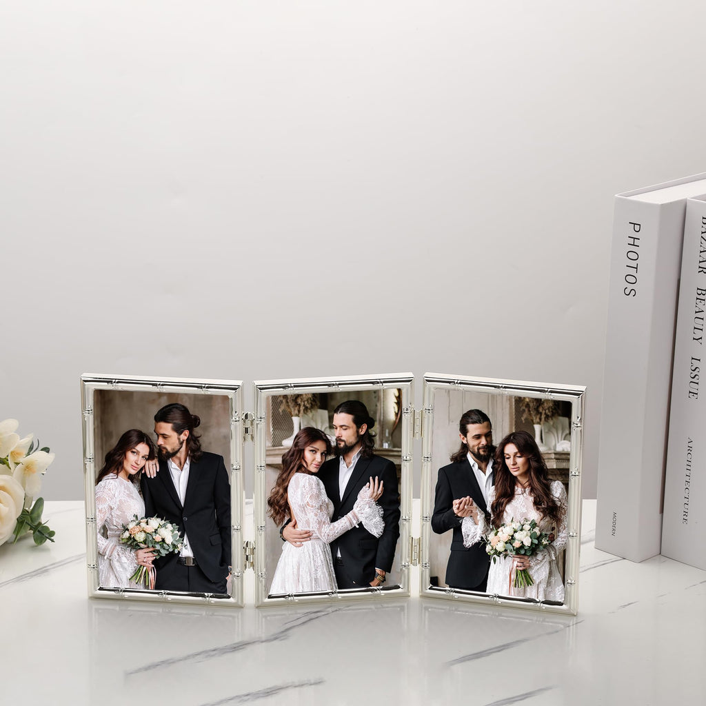 Elegant Silver Plated 4x6'' Hinged Triple Metal Picture Frame, Bamboo Detail Designs, with Real Glass & Soft Touch