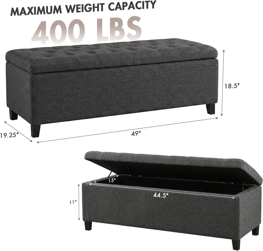 49" Upholstered Storage Bench, Button Tufted End of Bed Bench with Storage, Dual Spring Soft-Close Lid, Bedroom Bench