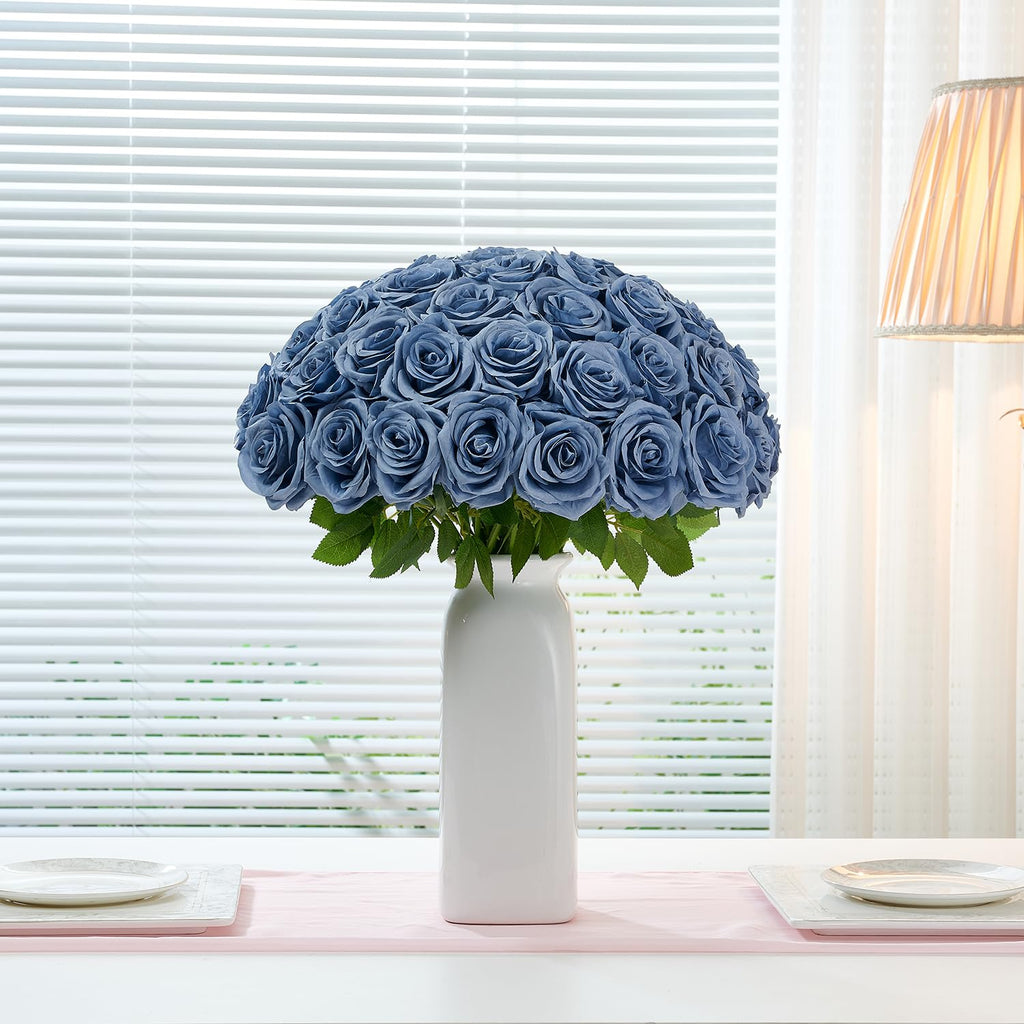 100 Pcs Fake Dusty Blue Roses, Artificial Blue Flowers Bulk Realistic Silk Faux Rose with Long Stems for Wedding