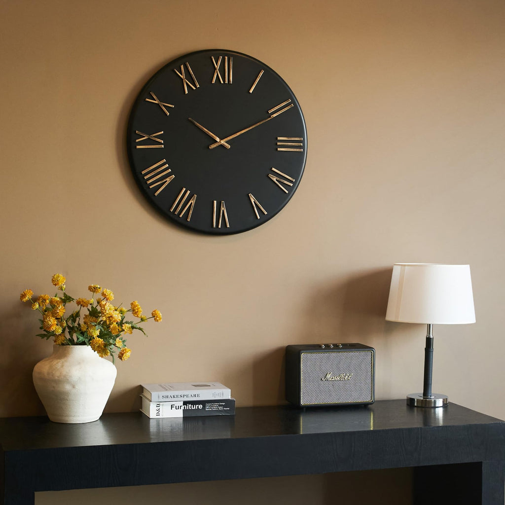 Large Modern Wall Clock, 24 inch, Matte Black, Metal Face, Quartz Movement