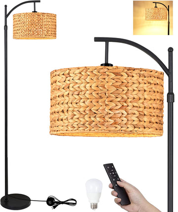 Floor Lamp Bedroom Farmhouse Arc Rattan Boho Standing Lamp with Remote Dimmable Black Wicker Bamboo Lamp Shade Floor