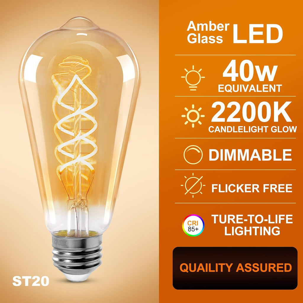 ST64 LED E26 Vintage Edison Light Bulbs, Amber Glass, Dimmable, 4W(40W Equivalent) 300 Lumens, 2200K Ultra Warm
