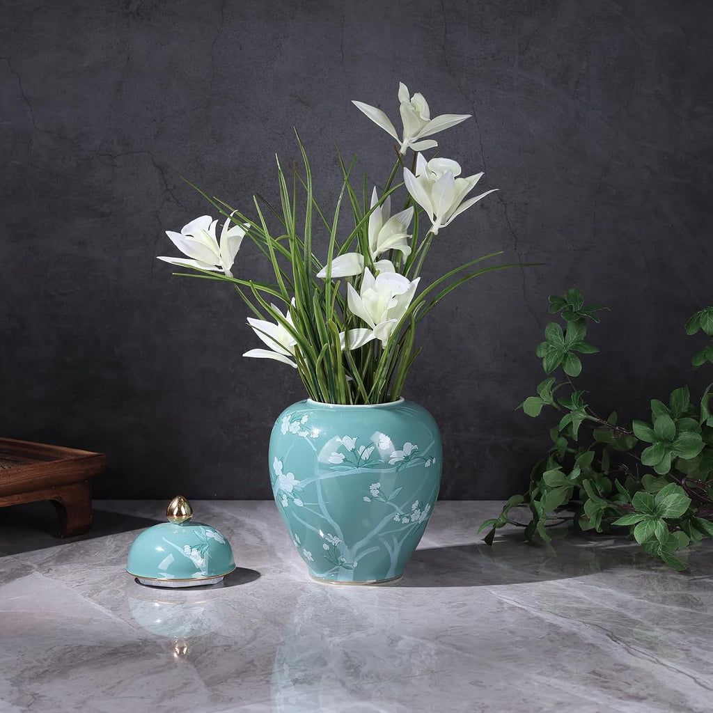 Green Pine Blossom Ceramic Jar-Blue and White Porcelain Ginger Jar, Chinoiserie Decorative Storage Jar