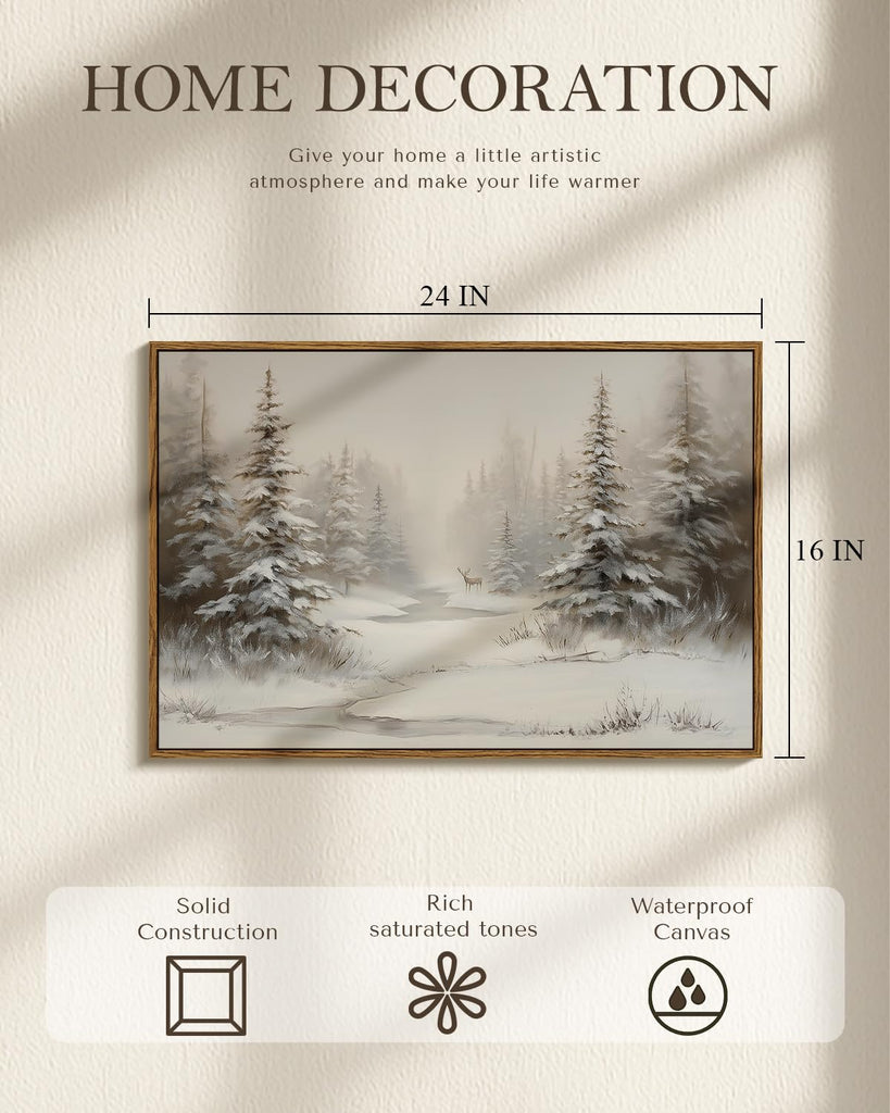 Vintage Snowy Pine Forest with Deer Canvas Wall Art 16x24 Framed