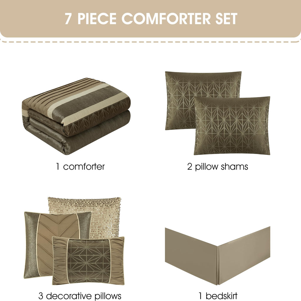 Taupe Comforter Set King Size, Geometric Bedding Set, Jacquard with Matching Solid Piecework, Bedskirt, Pillows &