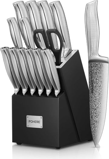 Knife Set, 14 Pieces Kitchen Knife Set with Built-in 5 x Sharpeners, Waved Texture Knife Set with Block, Stainless