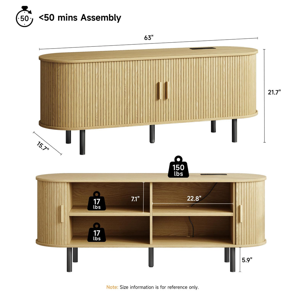 63" TV Stand with Power Outlet & Storage for TVs up to 70", Oak