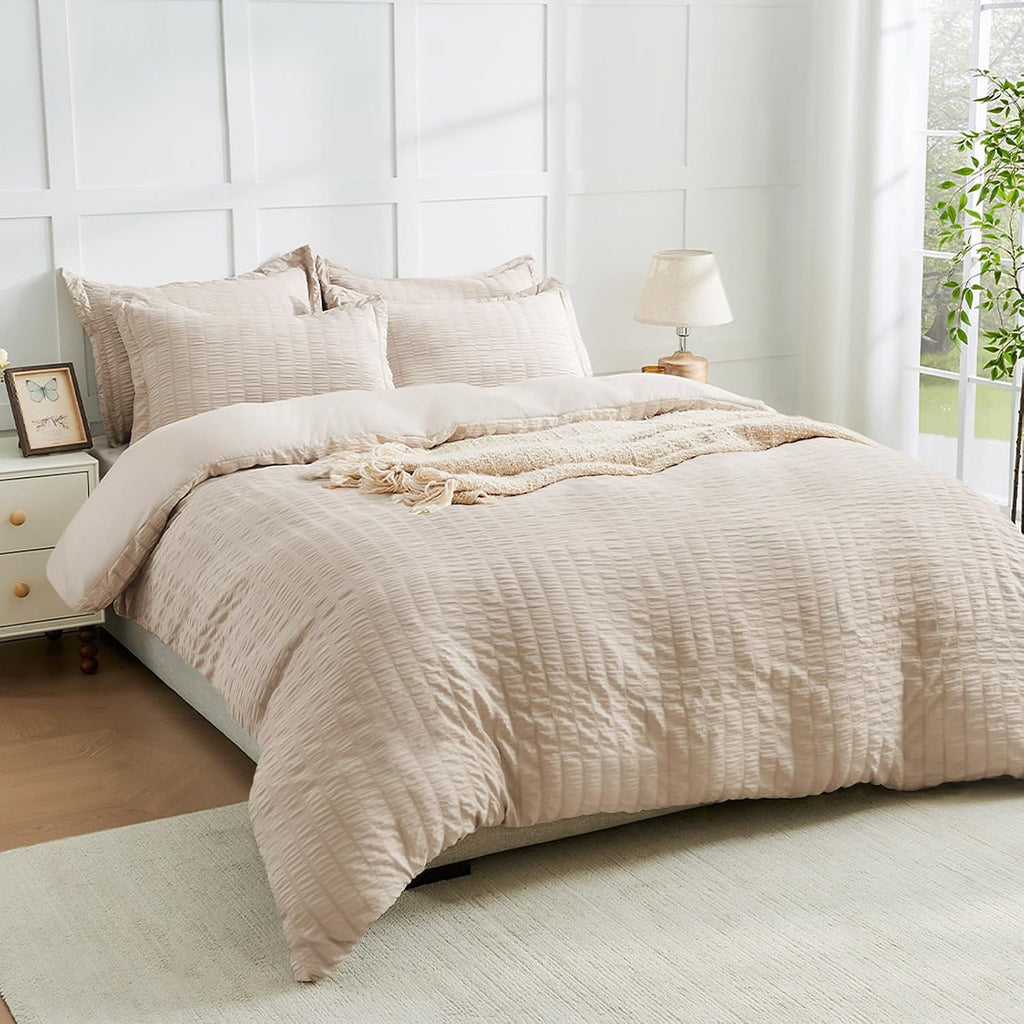 Beige Duvet Cover Queen, Super Soft Seersucker Queen Duvet Cover Set, 3-Piece Lightweight Duvet Cover with Zipper