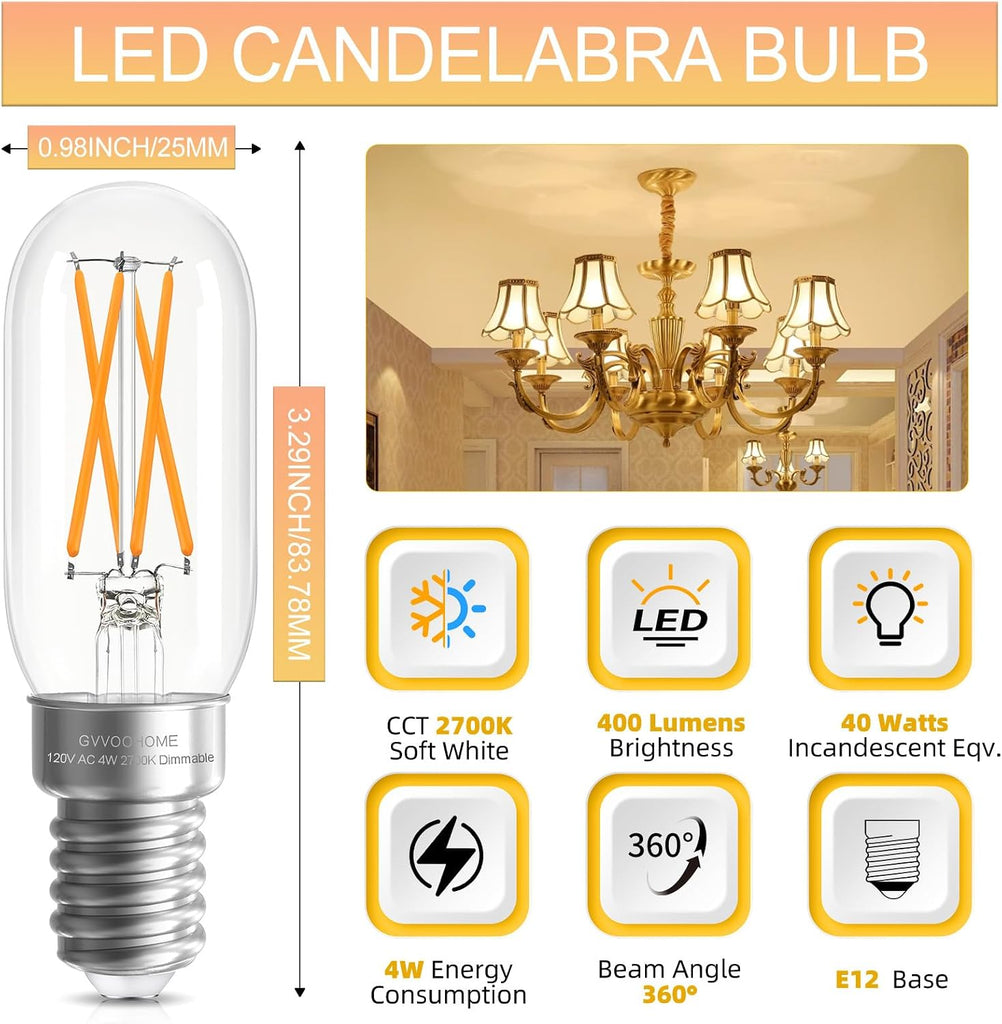 E12 Candelabra LED Bulb T6 T25, 2700K Warm White, Dimmable 40W Equivalent