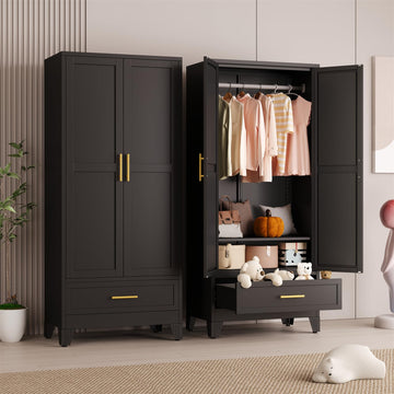 Metal Armoire Wardrobe Closet Storage Cabinet with 2 Doors Black, 71'' Wardrobe Cabinet with Hanging Rod Metal Closet