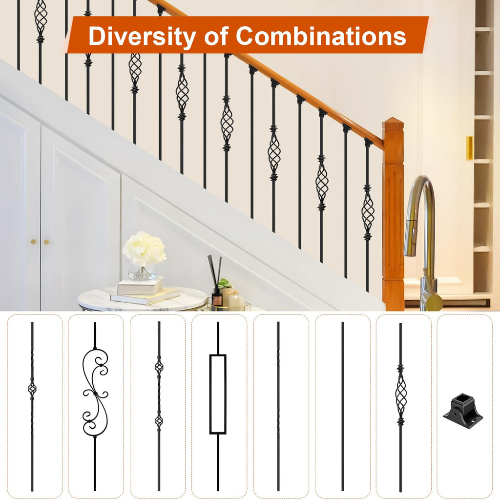 10 Pack Wrought Iron Balusters, 44" Decorative Stair Deck Railings