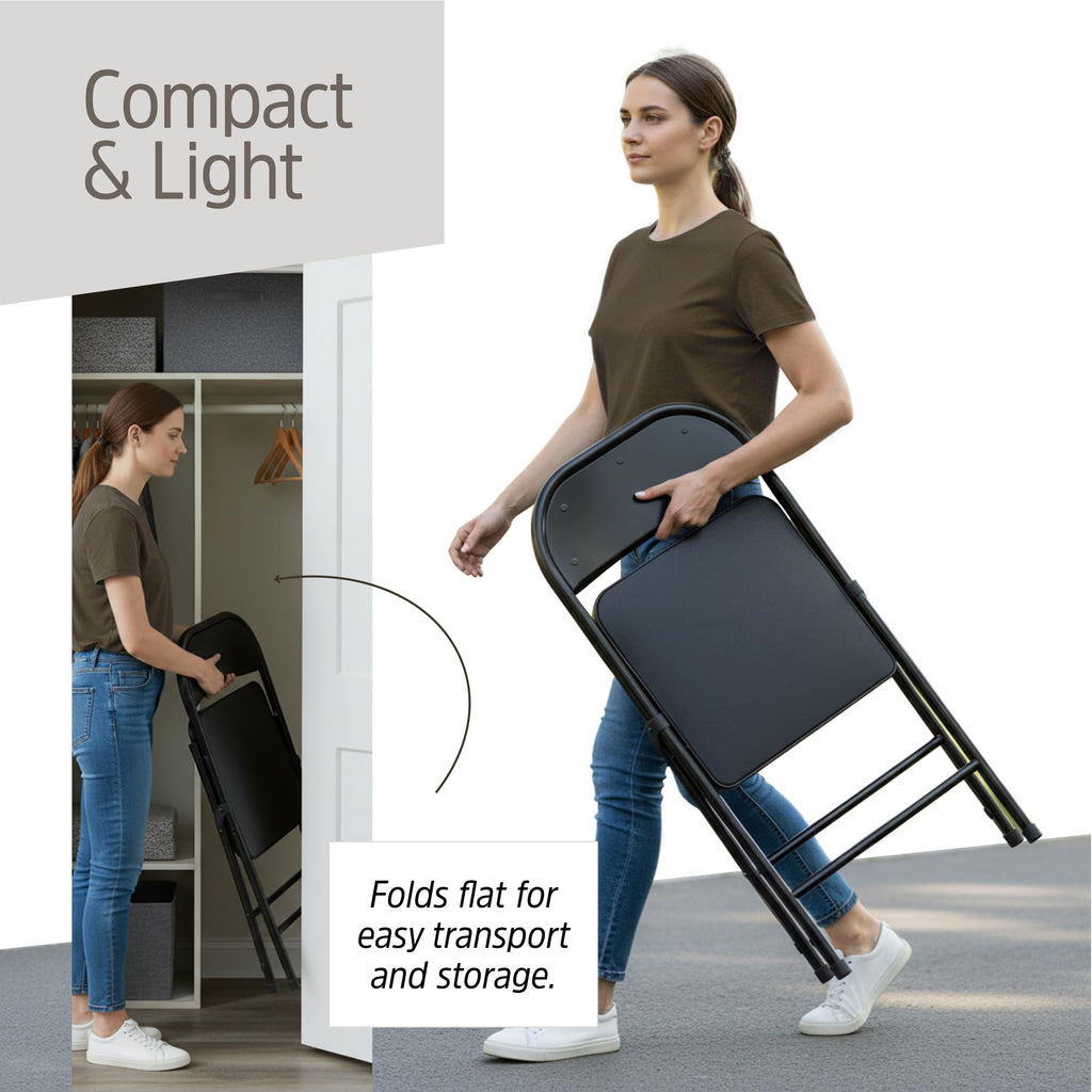 4 Pack Black Padded Folding Chairs with Cushioned Seat & Backrest - Comfortable PU Leather, Heavy-Duty Steel Frame
