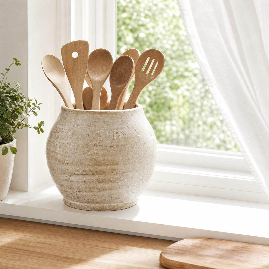 Utensil Holder Counter, 7.4" Rustic Ceramic Vase Crock Decor, Beige Crocks Pottery Jar, Distressed Antique Storage