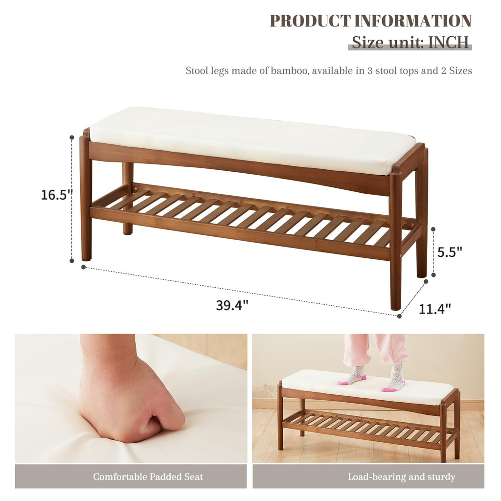 Shoe Rack Bench Entryway Bamboo Shoe Storage Bench with Leather Cushion 2 Tiers Shoe Rack Entryway Bench (Beige Bench