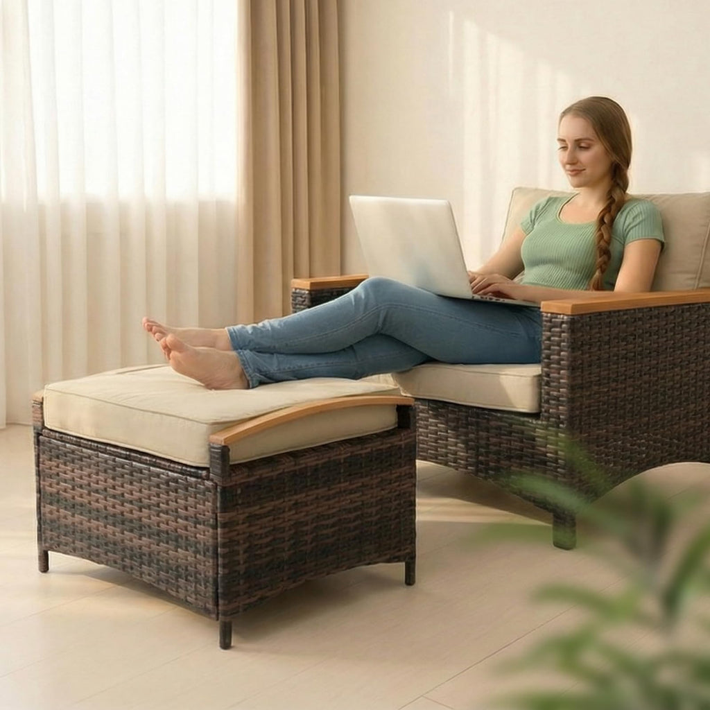 2 Pieces Rattan Ottoman with Storage, Wicker Patio Furniture w/Removable Cushion, Multipurpose Footrest Stool for