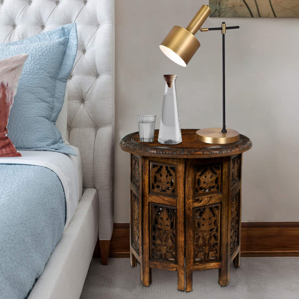 Solid Wood End Table - Hand Carved Folding Accent Side Table