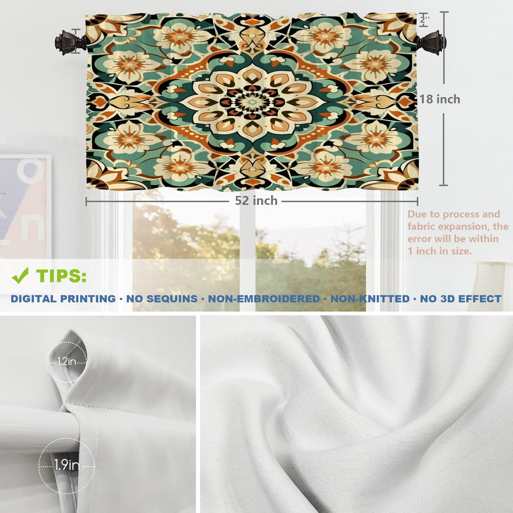 Floral Pattern Blackout Short Curtains for Windows, Intricate Decorative Design Kitchen Valance Thermal Insulated Rod