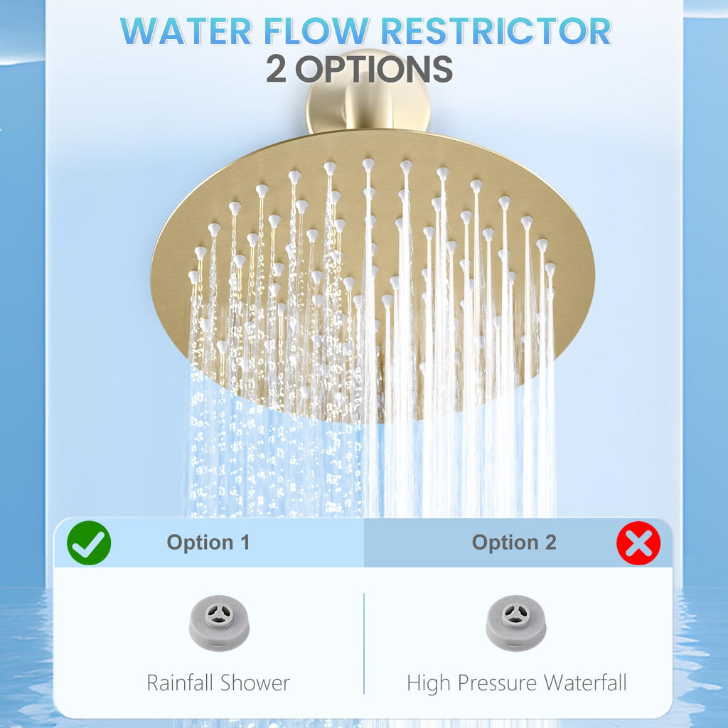 Brushed Gold Round Rainfall Shower Head, All Metal Stainless Steel Rain Shower Heads with 90 Anti-Clog Silicone
