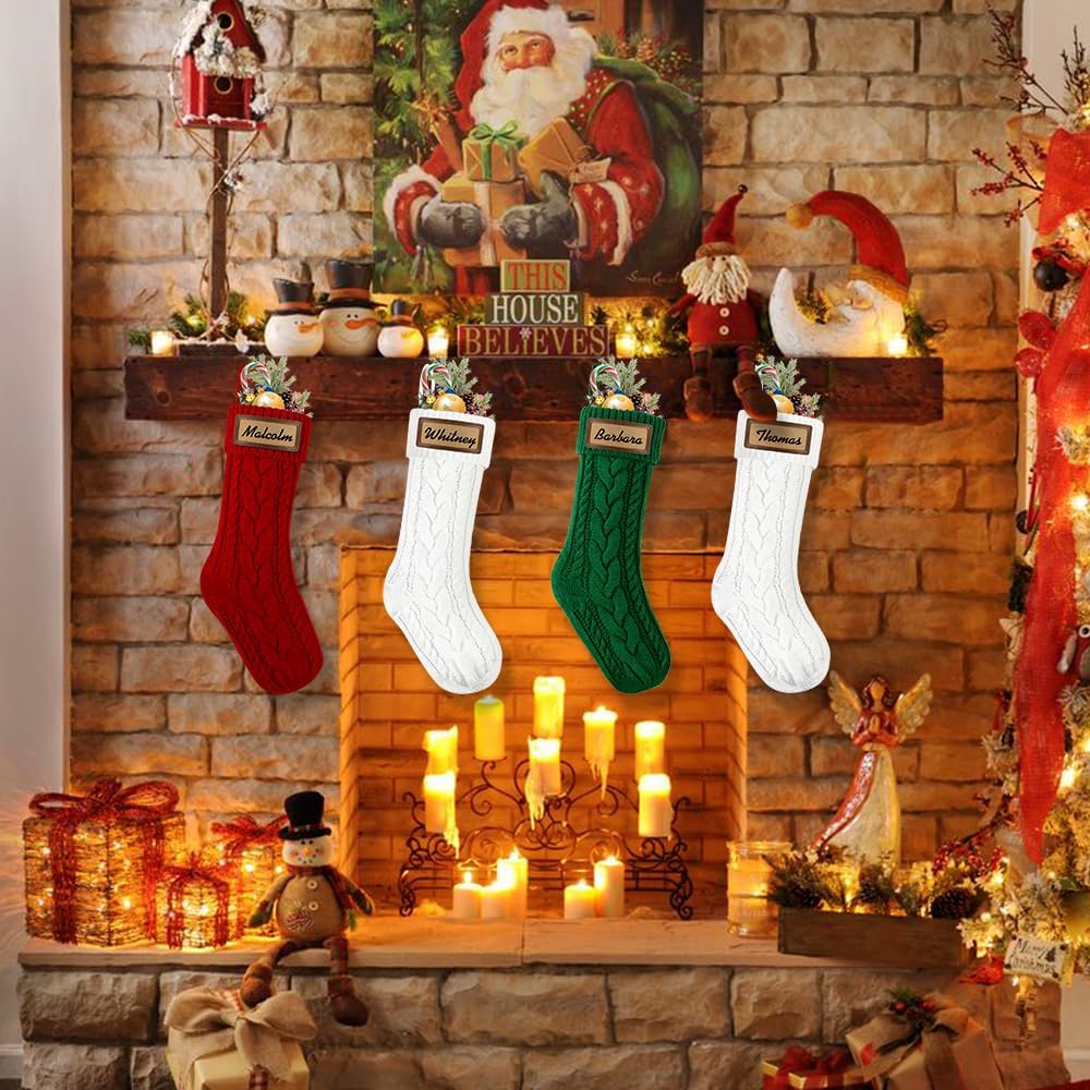 4Pack with Leather Patches,18" Personalized Hanging Large Cable Knitted Name Xmas Red Green White Stockings