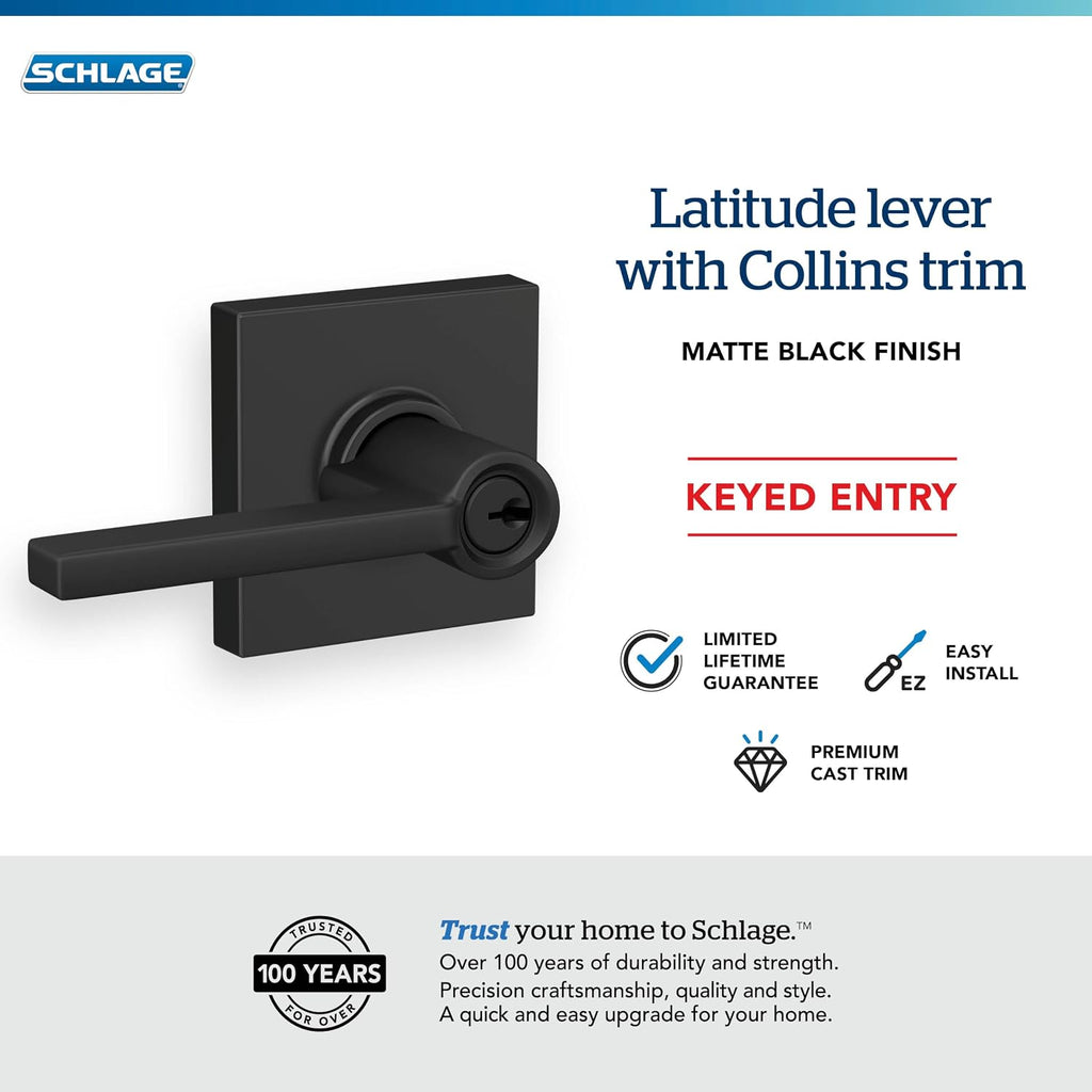 LAT 622 COL Latitude Door Lever with Collins Trim, Keyed Entry Lock, Matte Black