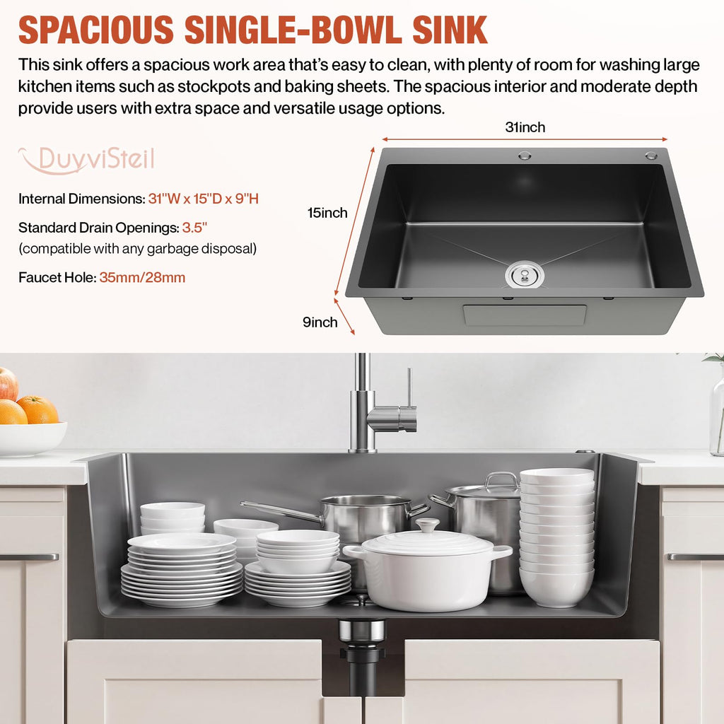 33"x19" Black Drop- Sink | Topmount Single Bowl Kitchen Sink, 9" Deep Stainless Steel Modern Kitchen Sinks with Nano