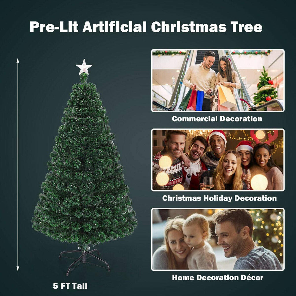 5ft Fiber Optic Artificial Christmas Tree, Pre-Lit Xmas Tree with Colorful LED Lights, 8 Lighting Modes, 180 Branch