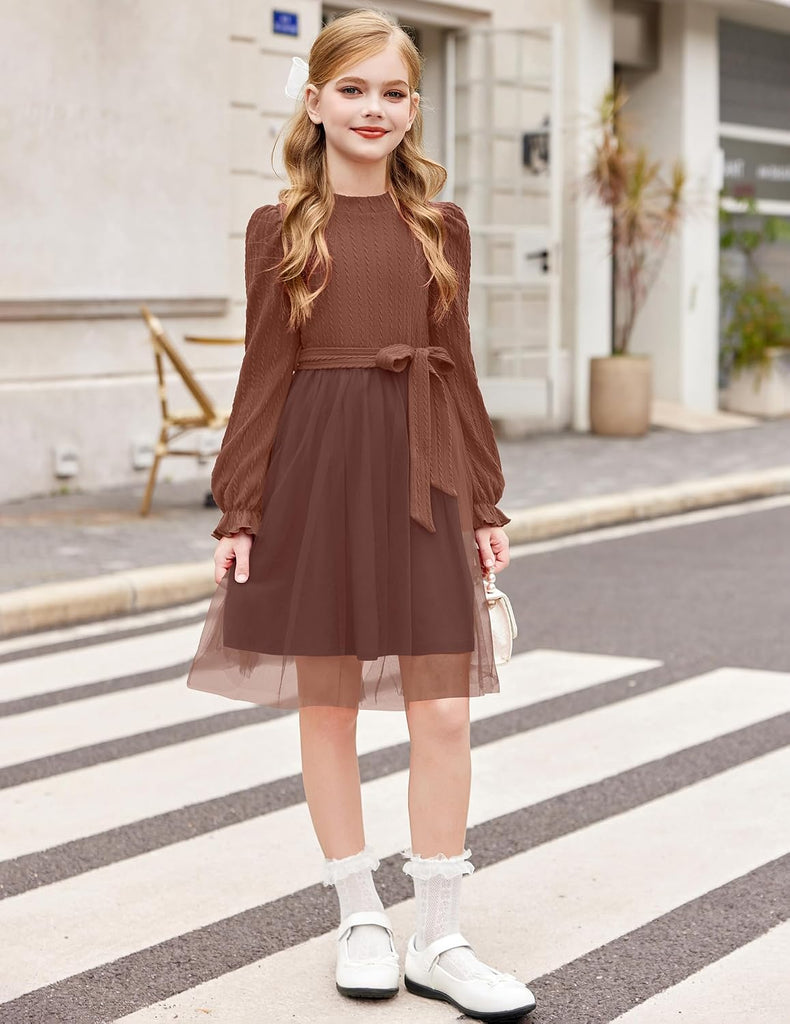 Girls Tulle Dress Puff Long Sleeve Mock Neck Cable Knit Dresses