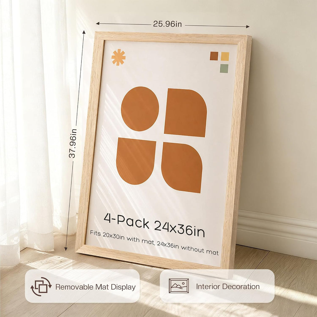 Solid Wood 24x36 Poster Frame, Gallery Wall Frame Set of 4, Natural