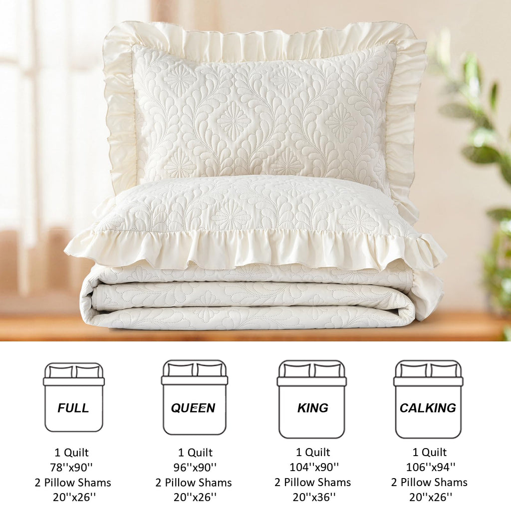 Quilt Bedding Set, Ruffled Reversible Bedding Set, Beige