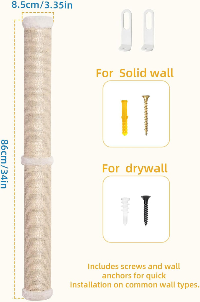 34" Cat Scratching Post, Sisal Wall Mounted Cat Scratcher for Cats