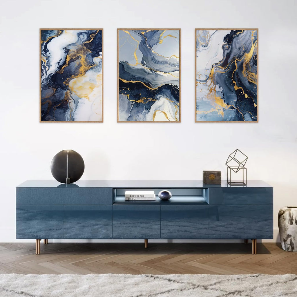 Navy Blue and Gold Framed Canvas Wall Art Set,Mid-Century Modern Abstract Wall Decor,Navy Blue Ink Wash