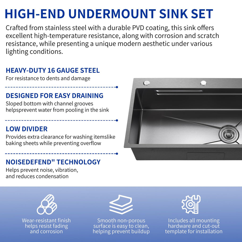 Stainless Steel -Single Bowl | 30 Inch Undermount | Free Three-Way Fitting Included for Unified Water Outlets