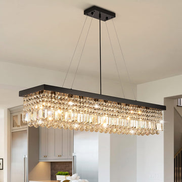 Rectangle K9 Crystal Chandelier Modern Rectangular Pendant Lighting Fixture Kitchen Island Bedroom Black L47'' x