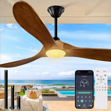 Inspired Maverick Style Outdoor Ceiling Fan with Light-Glass Lamp, 52 inch 3 Blade Wood Propeller Ceiling Fans