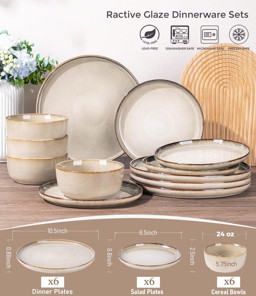 Dinnerware Sets for 6, 18 Pieces Ceramic Plates and Bowls Set