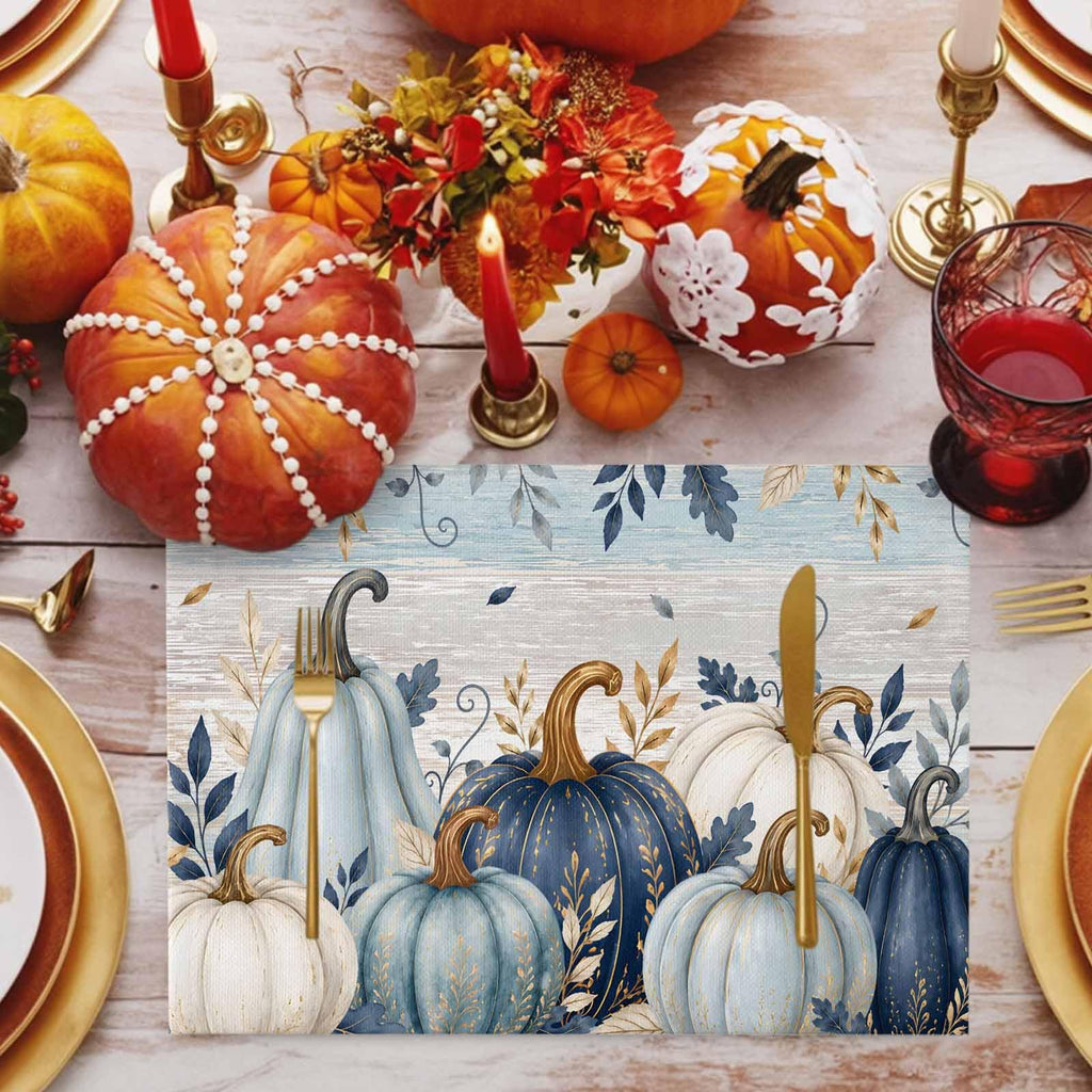 Fall Thanksgiving Placemats, Teal Blue White Pumpkin Heat Resistant Washable Dining Table Mats Fall Holiday Farmhouse