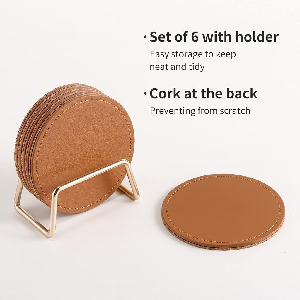 Drink Coasters with Metal Holder Stand, PU Leather Absorbent Coasters with Cork Base Table Coaster Set - Set of 6