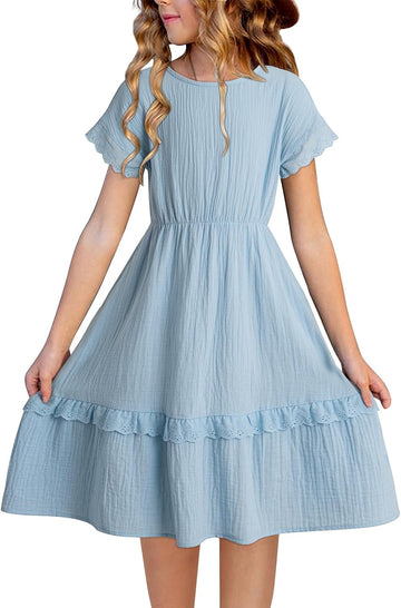 Girls Cotton Short Sleeve Dresses Summer Lace Dress