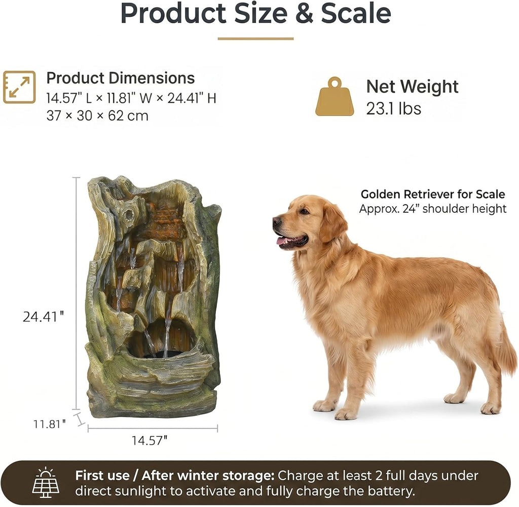 Solar Outdoor Water Fountain, 24.4" Tall Tree Stump Cascading Fountain with Solar Powered Pump