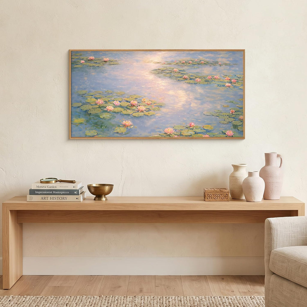 Large Monet Lilies Pond Framed Canvas Wall Art Set, Impressionist Landscape Wall Decor, Floral Garden Art