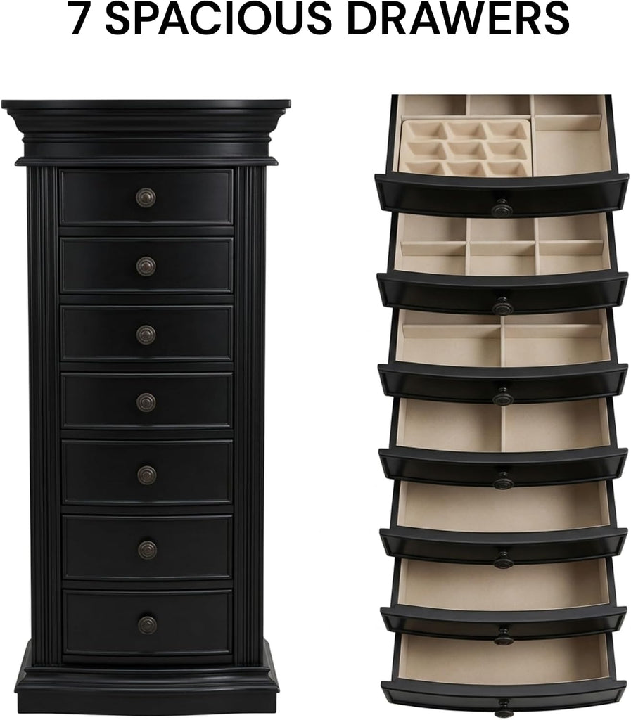 Luke Standing Jewelry Armoire - Large 7-Drawer Wooden Organizer with Mirror, Side Doors, and Anti-Tarnish Lining