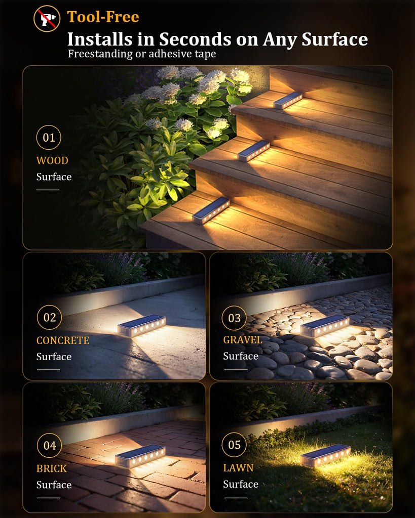 Solar Step Deck Lights Outdoor IP68 Waterproof Stick on 4 Pack Warm White