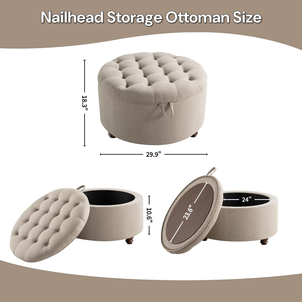 30" Round Storage Ottoman Coffee Table, Tufted Lid & Wood Top, Khaki | Nailhead Trim Solid Wood Legs Extra Large