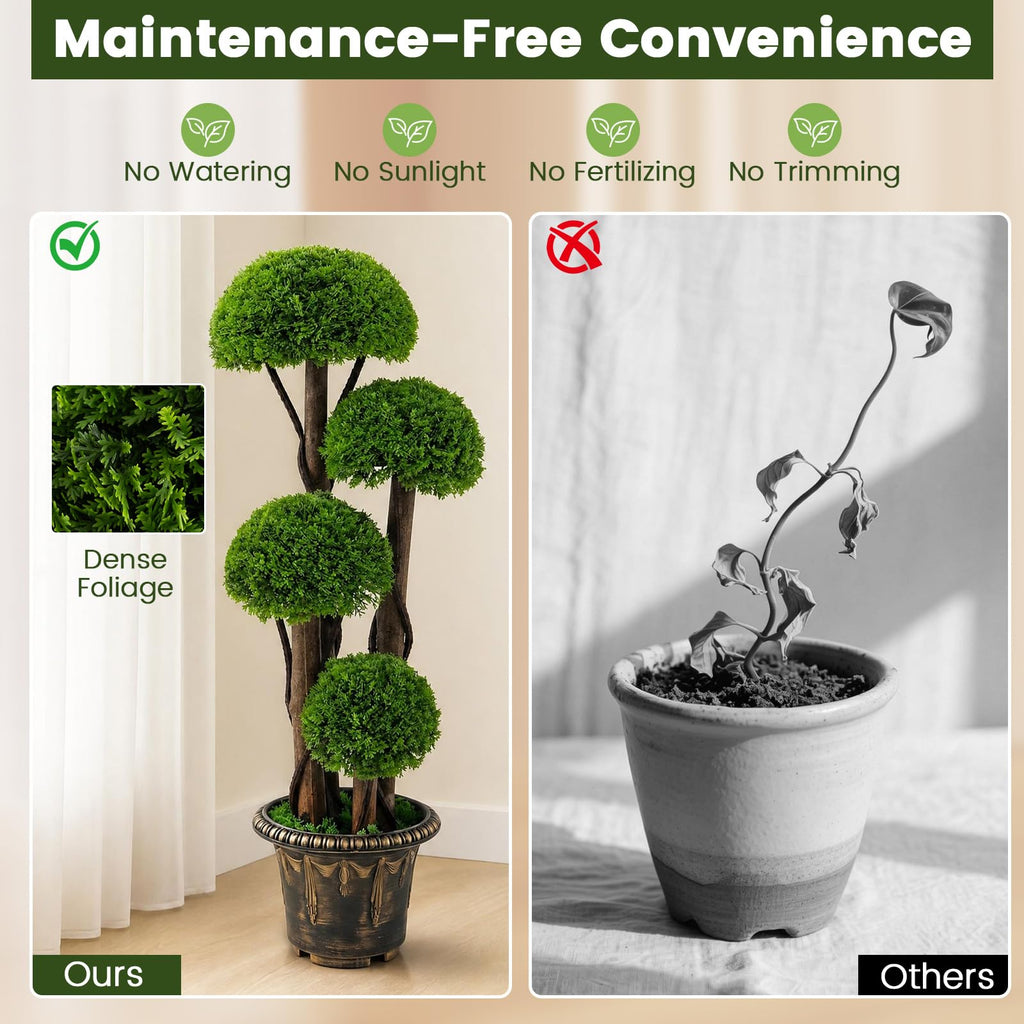 3FT Artificial Cypress Topiary Ball Tree, Indoor Outdoor Fake Boxwood Tree with Rattan Trunk, Cement Filled Pot