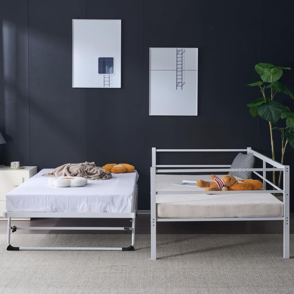 Daybed with Pop Up Trundle, Heavy Duty Metal Twin Bed with Trundle, No Box Spring Needed, White