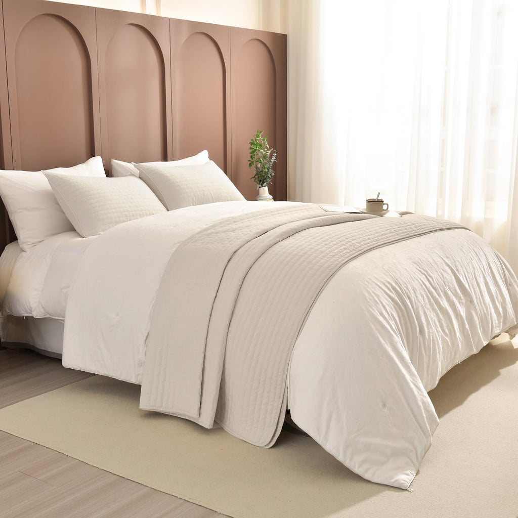 Oversized Cal King Bedspread 128"*120" for Extra Bed, 3pcs 100% Cotton Quilt Wheat Colored Ultra Large Wide Oversized